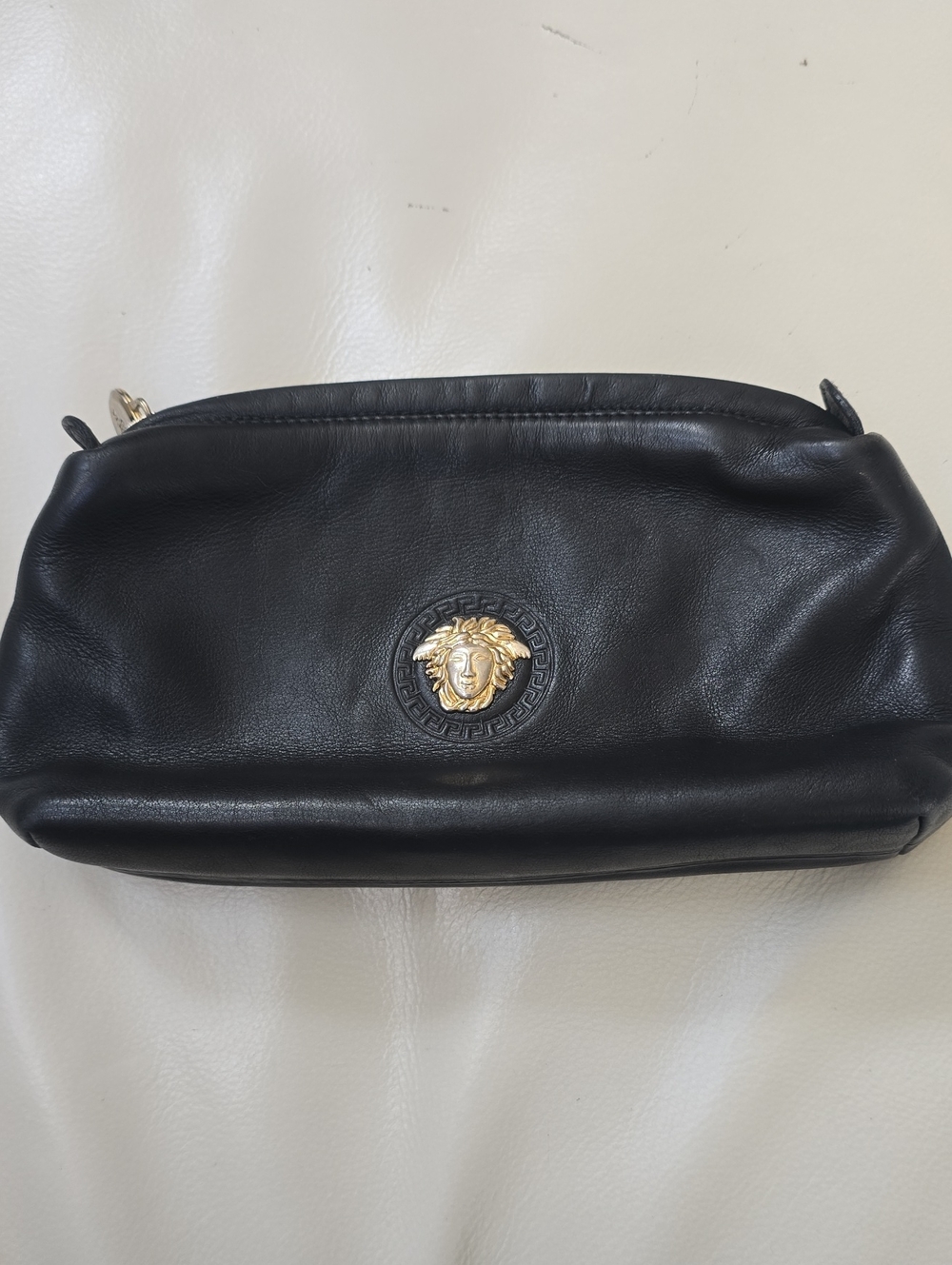 Gianni Versace Black Leather Medusa Vintage Cosmetic Pouch with Gold Emblem